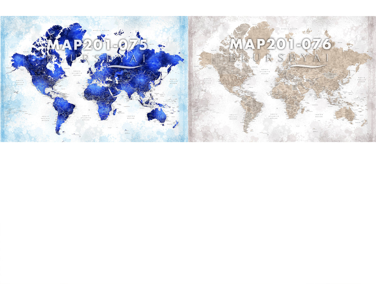 Custom world map print on rolled canvas, with cities and US state capitals. ALL COLOR CHOICES.