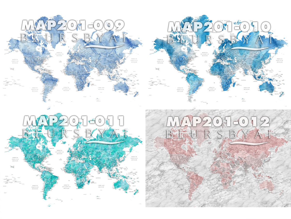 Art print on paper: custom detailed world map with cities and US state capitals. ALL COLOR CHOICES