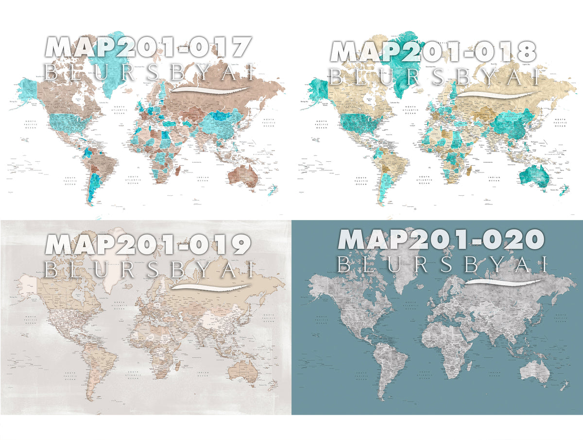 Art print on paper: custom detailed world map with cities and US state capitals. ALL COLOR CHOICES