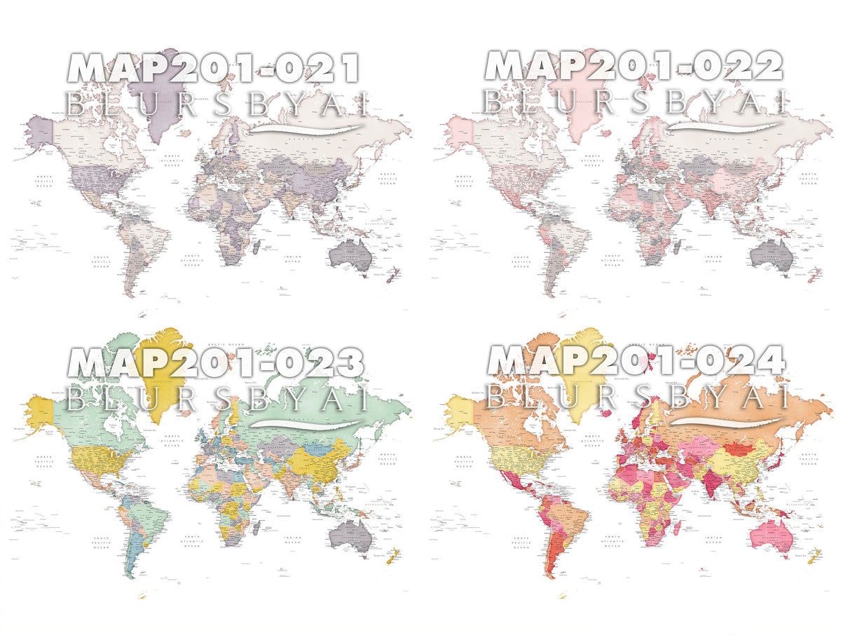 Art print on paper: custom detailed world map with cities and US state capitals. ALL COLOR CHOICES