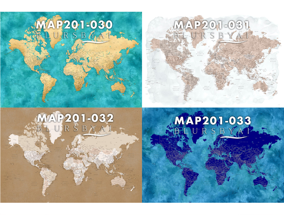 Art print on paper: custom detailed world map with cities and US state capitals. ALL COLOR CHOICES