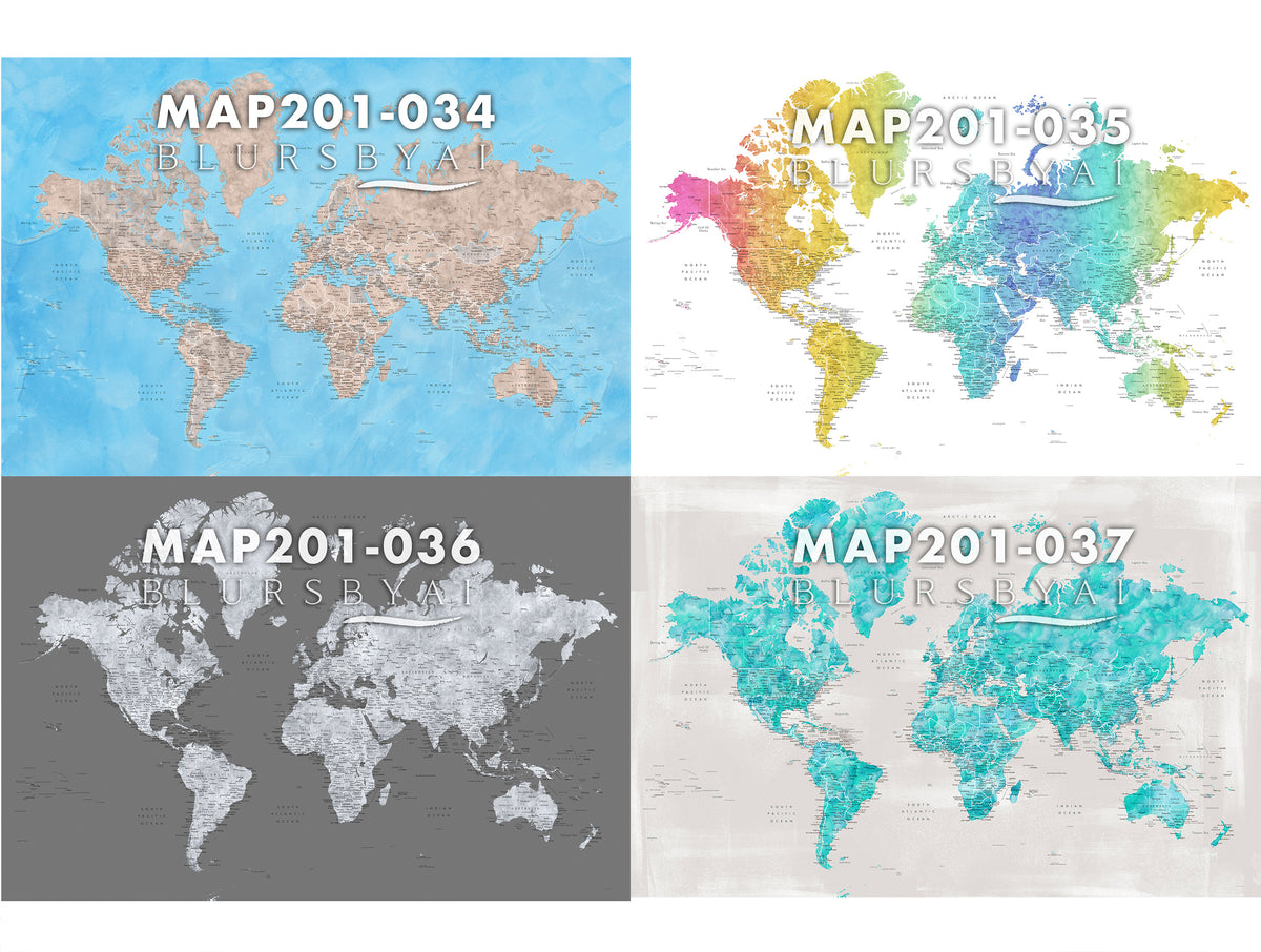 Art print on paper: custom detailed world map with cities and US state capitals. ALL COLOR CHOICES