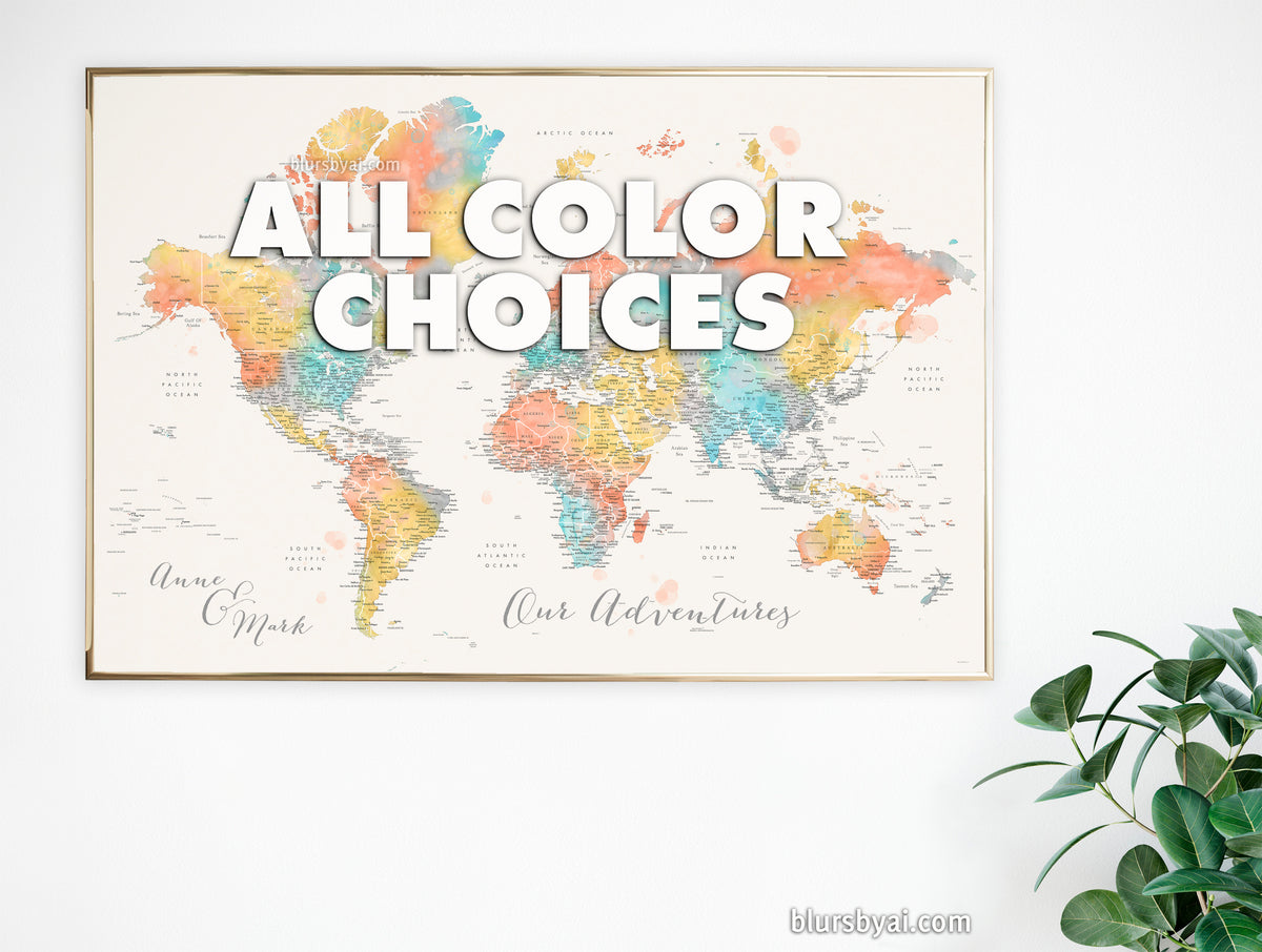 Art print on paper: custom detailed world map with cities and US state capitals. ALL COLOR CHOICES