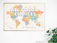 Art print on paper: custom detailed world map with cities and US state capitals. ALL COLOR CHOICES