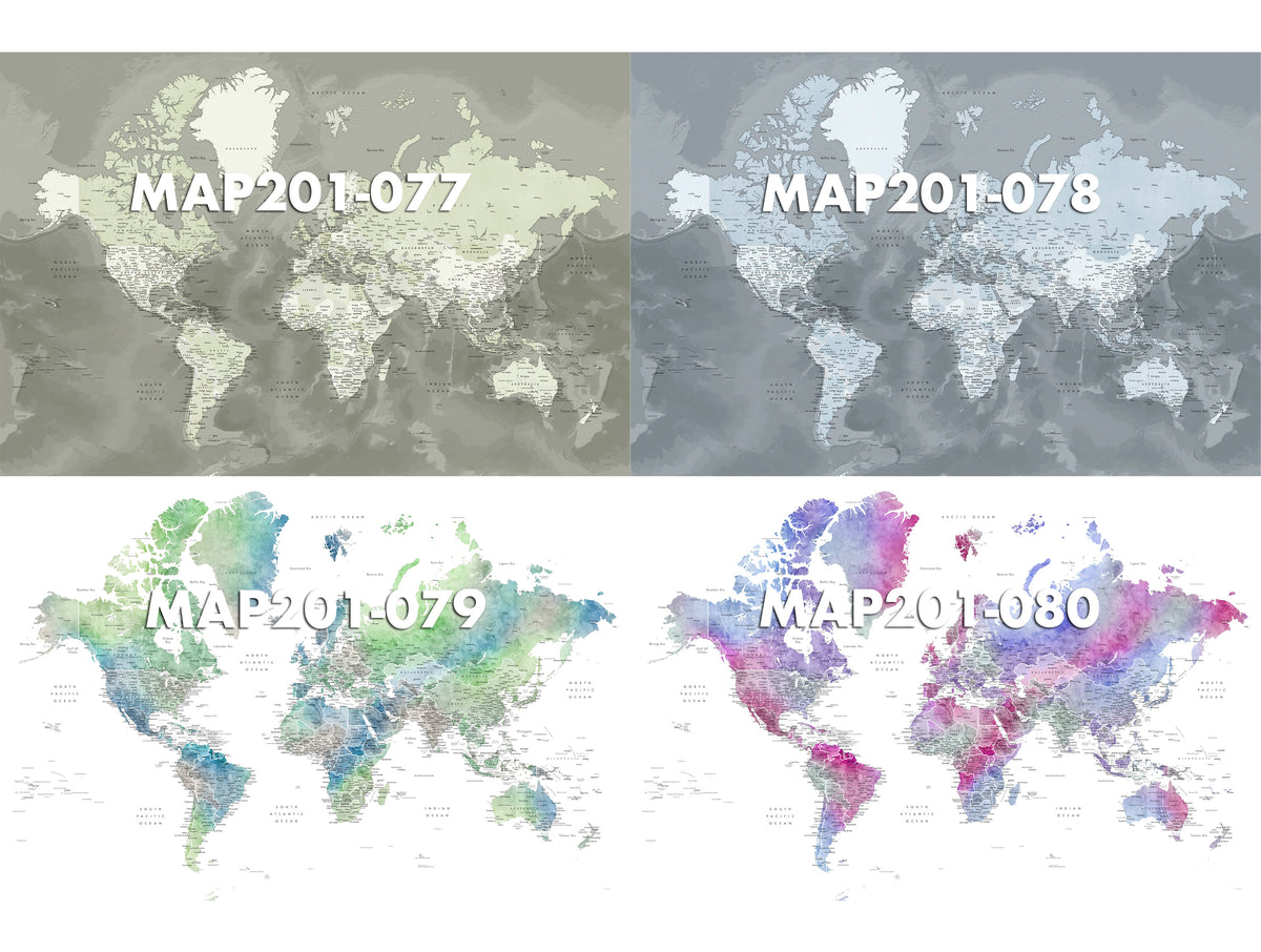 Custom world map print on rolled canvas, with cities and US state capitals. ALL COLOR CHOICES.