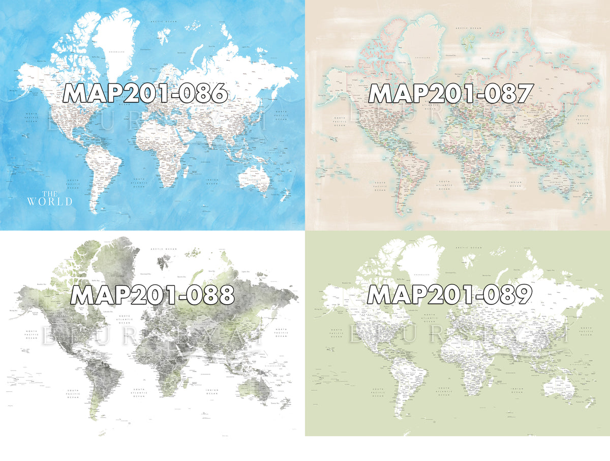 Art print on paper: custom detailed world map with cities and US state capitals. ALL COLOR CHOICES