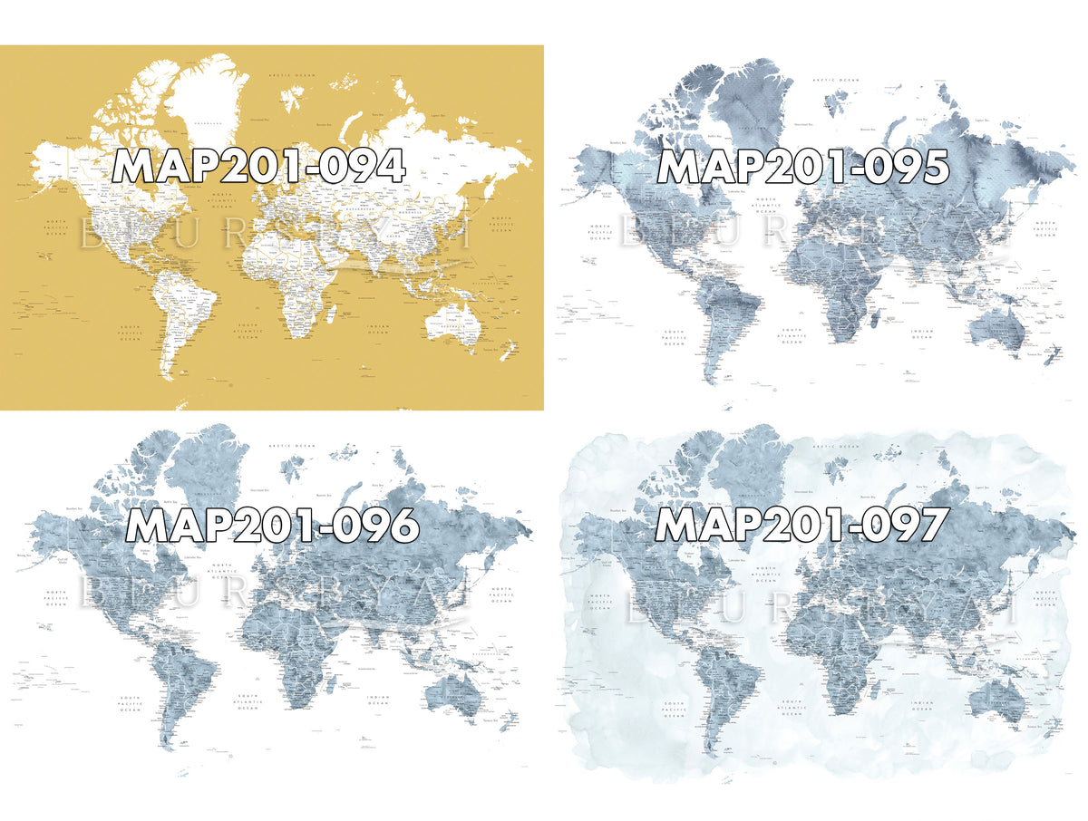 Art print on paper: custom detailed world map with cities and US state capitals. ALL COLOR CHOICES