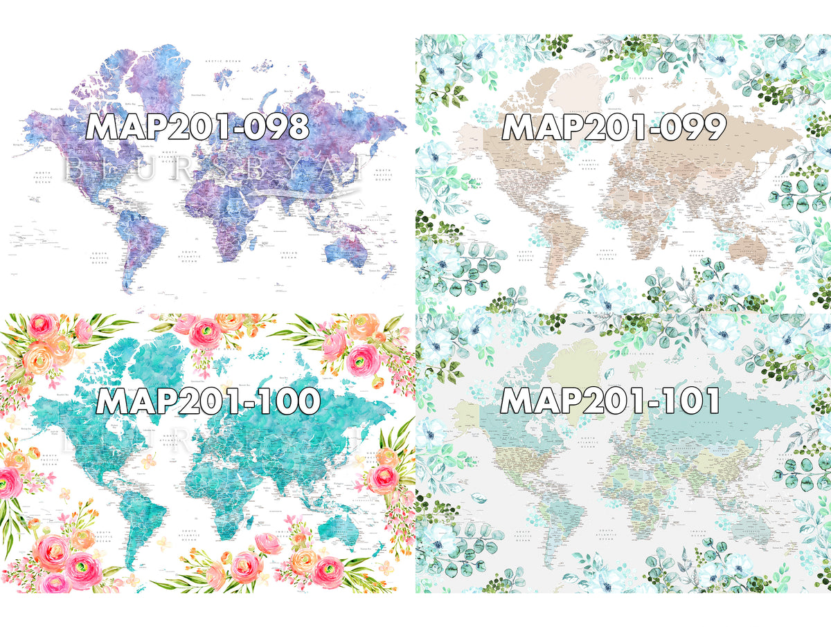 Art print on paper: custom detailed world map with cities and US state capitals. ALL COLOR CHOICES