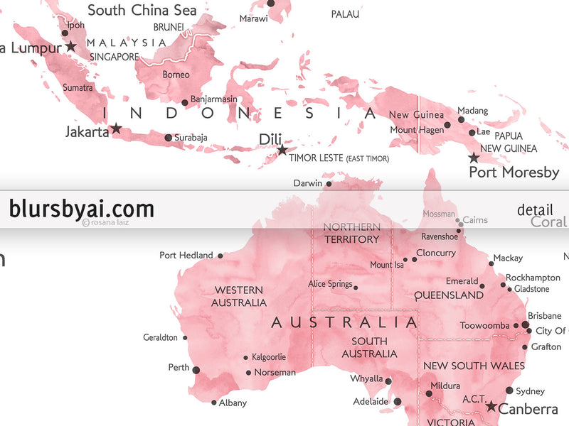 Custom quote - pink watercolor printable world map with cities, capitals, countries, US States... labeled. "Peony"