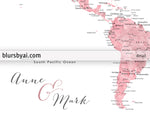 Custom quote - pink watercolor printable world map with cities, capitals, countries, US States... labeled. "Peony"
