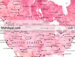 Custom map print: world map with cities in pink watercolor. "Azalea"