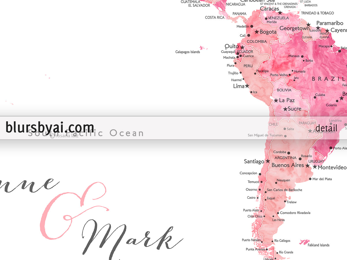 Custom map print: world map with cities in pink watercolor. "Azalea"
