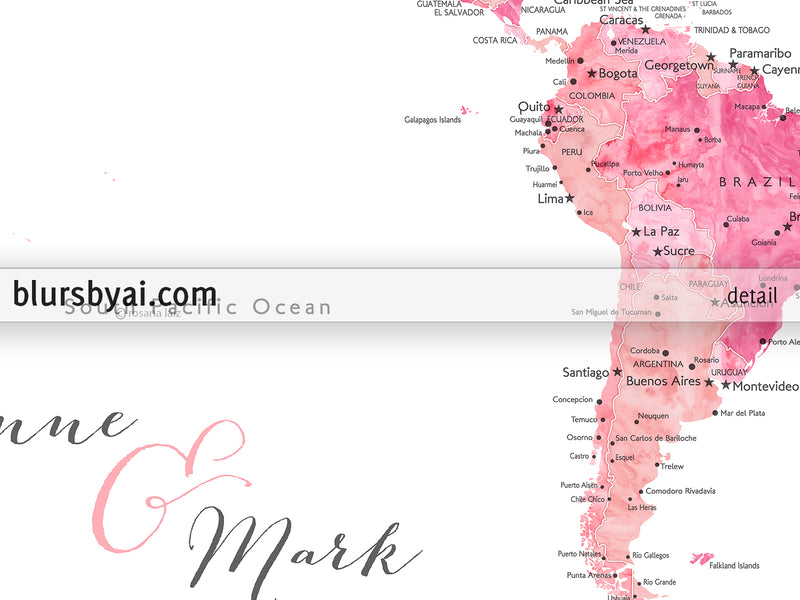 Custom map print: world map with cities in pink watercolor. "Azalea"