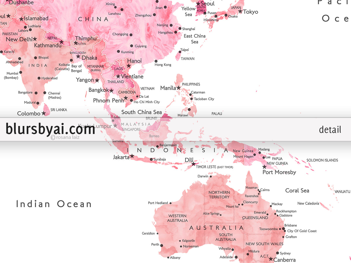 Custom map print: world map with cities in pink watercolor. "Azalea"