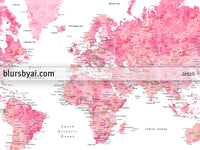 Custom map print: world map with cities in pink watercolor. "Azalea"
