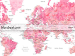 Custom map print: world map with cities in pink watercolor. "Azalea"