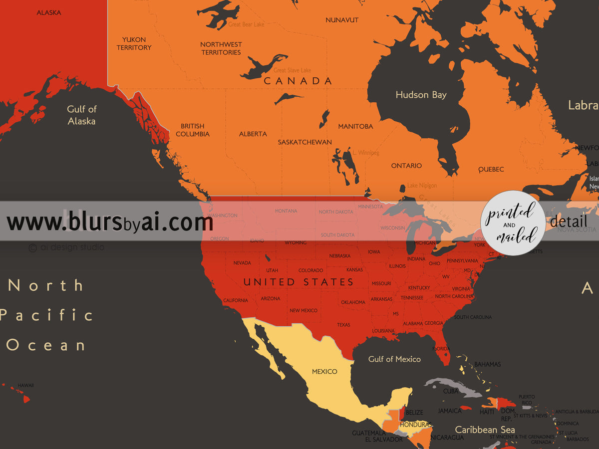 Custom map print: world map with countries and states in orange and red. "Blood oranges"