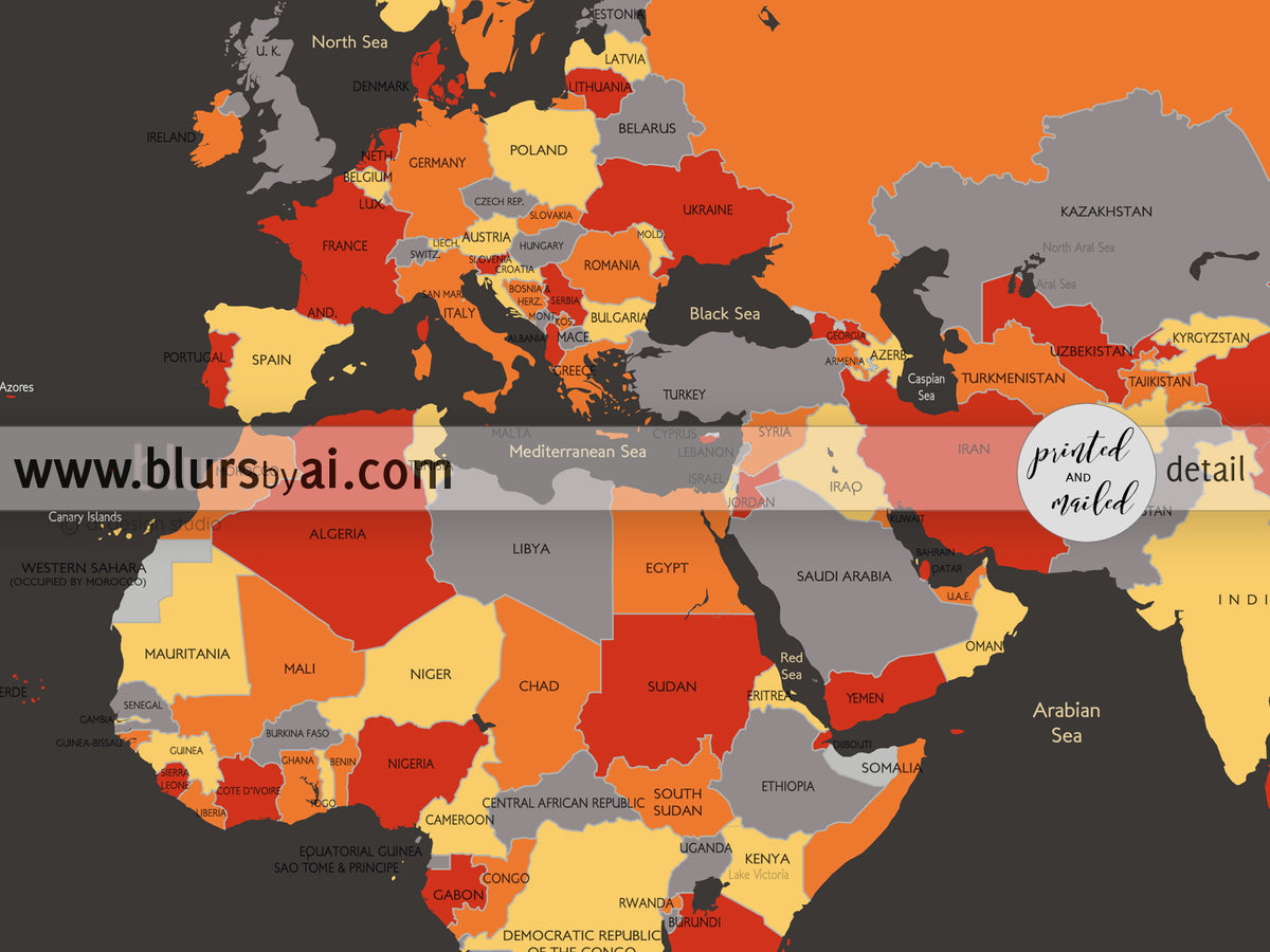 Custom map print: world map with countries and states in orange and red. "Blood oranges"