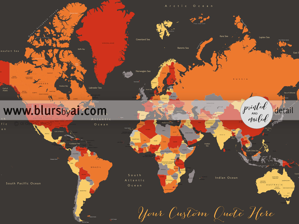 Custom map print: world map with countries and states in orange and red. "Blood oranges"