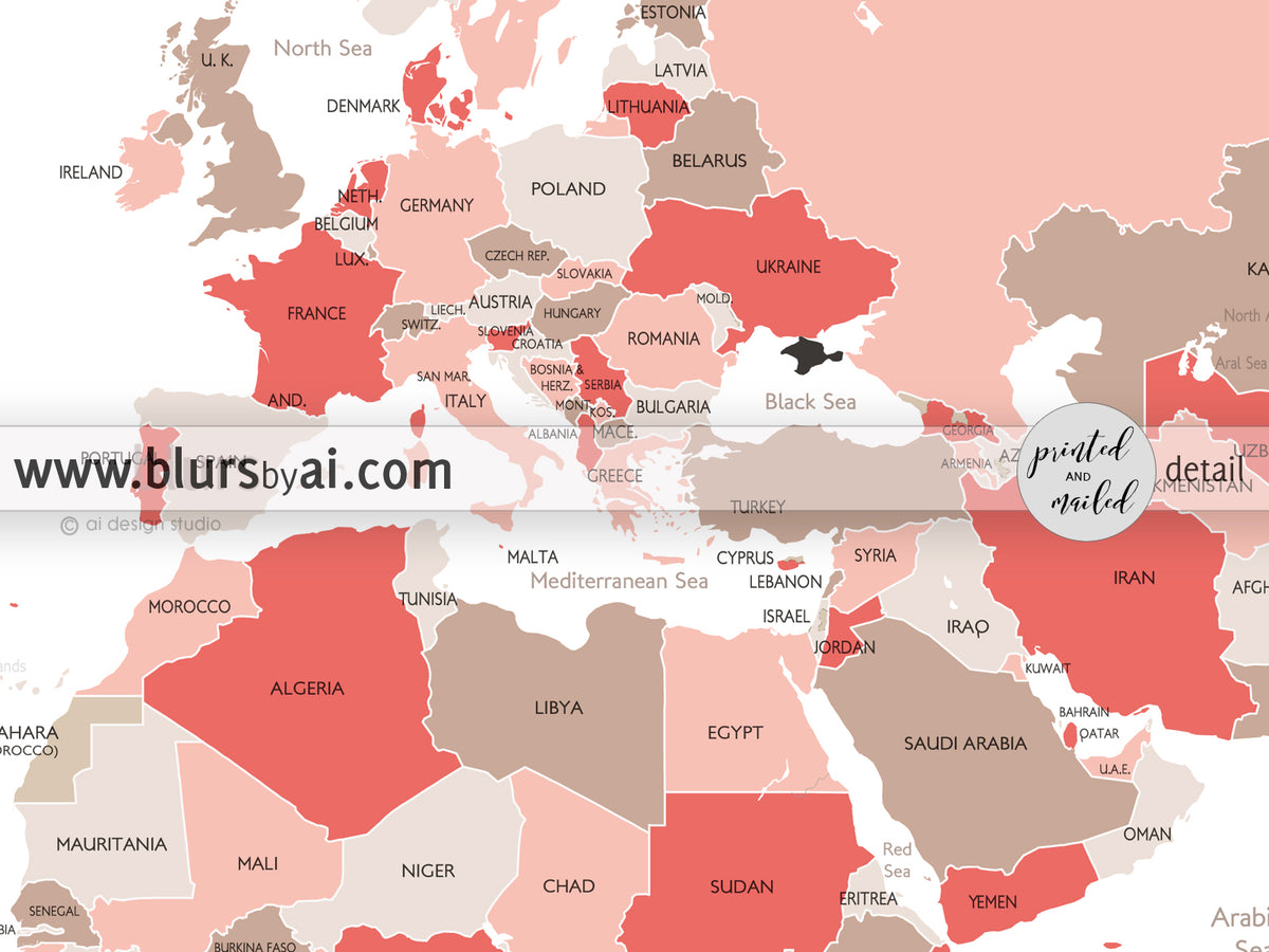 Custom map print: world map with countries and states in coral and taupe.