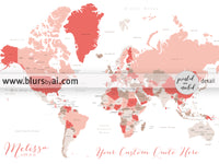 Custom map print: world map with countries and states in coral and taupe.