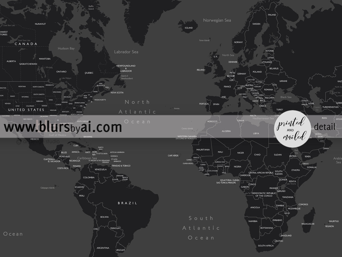 Custom map print: world map with countries and states in black and gray. "So simple"