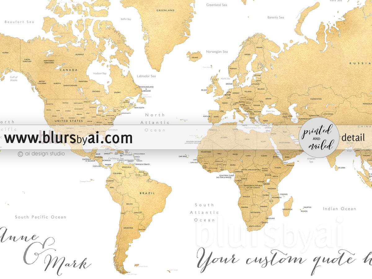 Custom map print: gold world map with countries and states. "Rossie"