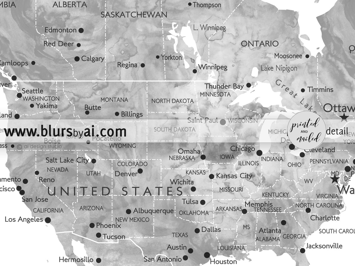 Custom map print: world map with cities in grayscale watercolor. "Jimmy"