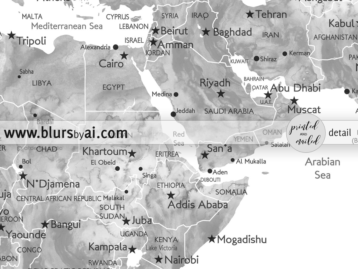 Custom map print: world map with cities in grayscale watercolor. "Jimmy"