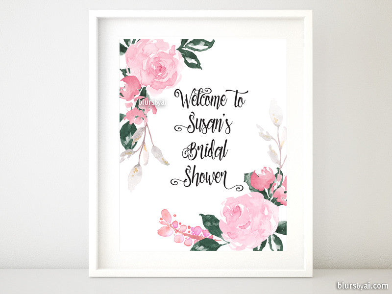 Custom bridal shower welcome sign featuring pink roses