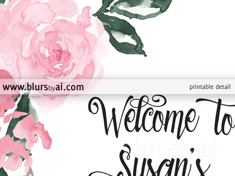 Custom bridal shower welcome sign featuring pink roses
