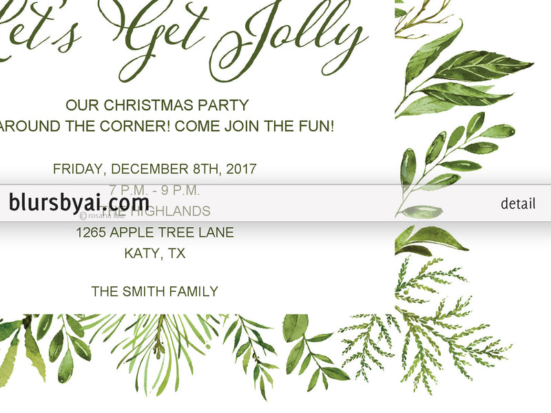 Editable pdf Christmas party invitation template: watercolor greenery "Let's Get Jolly"