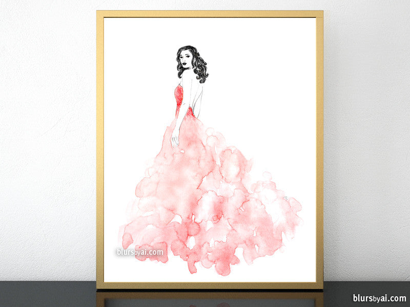 Printable fashion illustration: pink long dress in watercolor