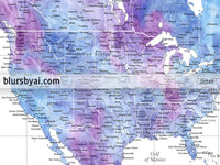 Custom world map print - highly detailed map with cities in light blue and purple watercolor. "Raul"