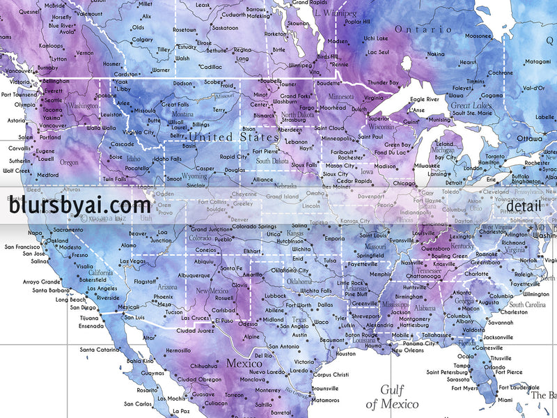 Custom world map print - highly detailed map with cities in light blue and purple watercolor. "Raul"
