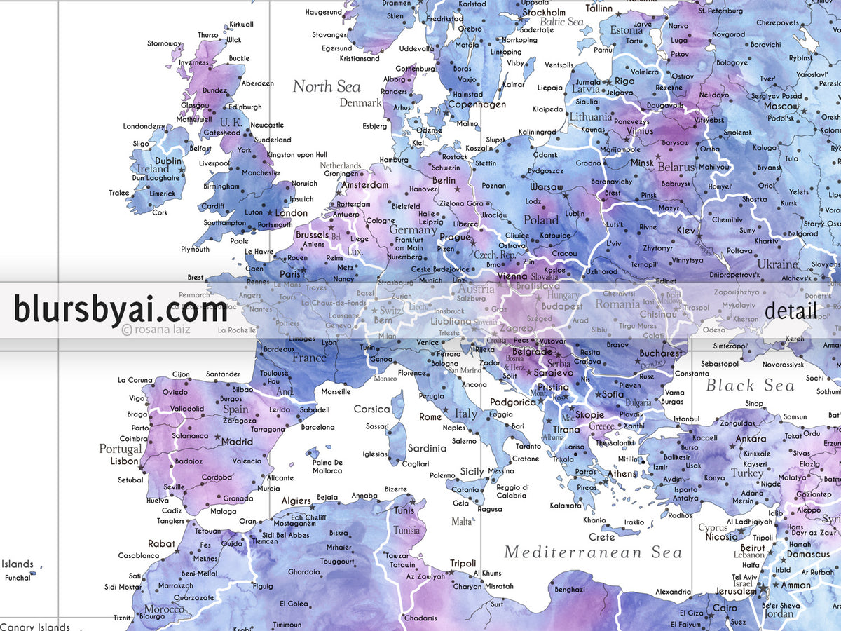 Custom world map print - highly detailed map with cities in light blue and purple watercolor. "Raul"