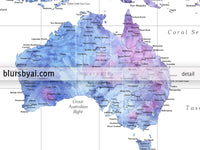 Custom world map print - highly detailed map with cities in light blue and purple watercolor. "Raul"