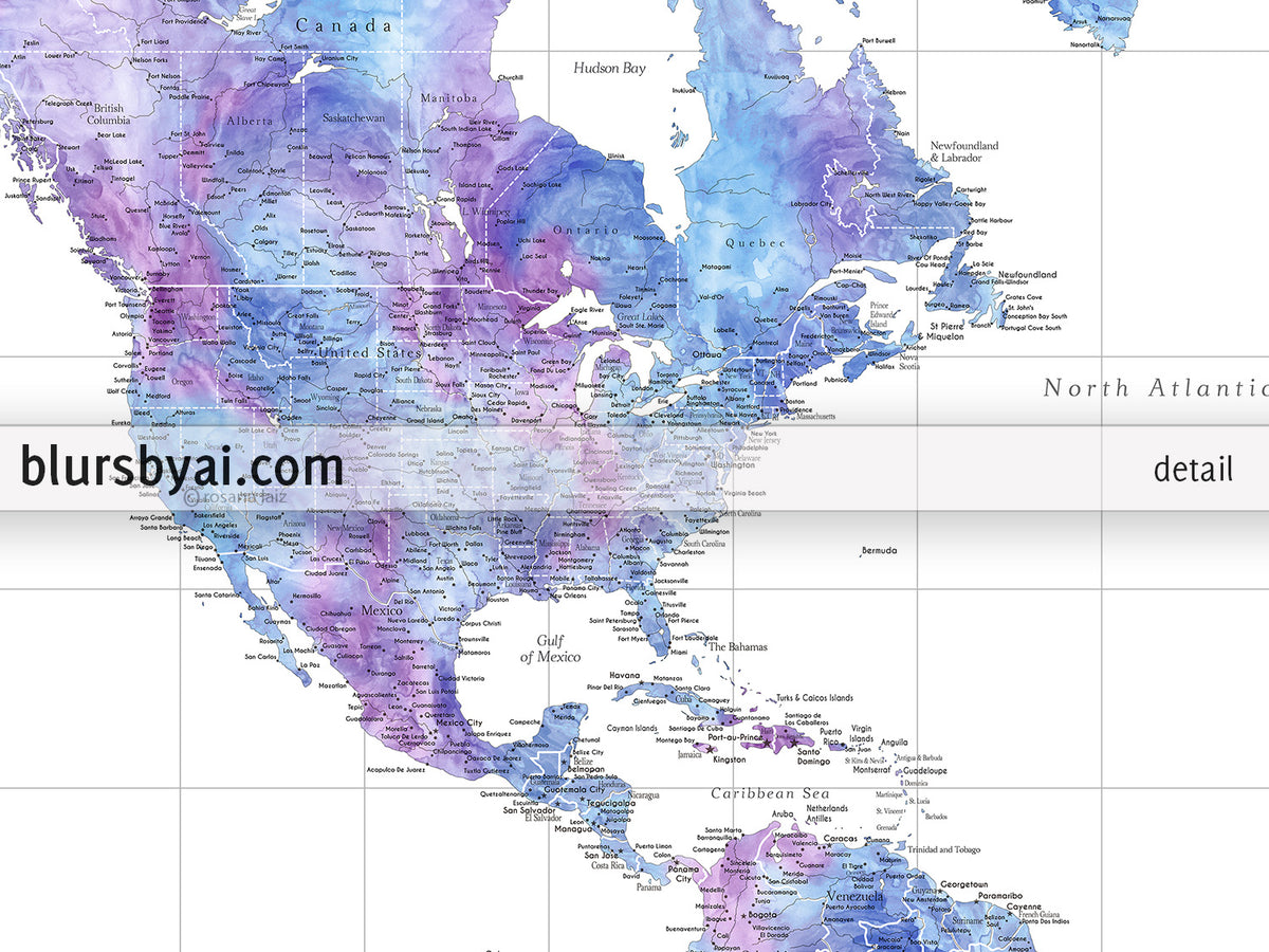 Custom world map print - highly detailed map with cities in light blue and purple watercolor. "Raul"