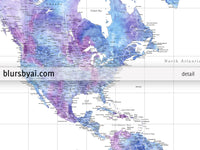 Custom world map print - highly detailed map with cities in light blue and purple watercolor. "Raul"