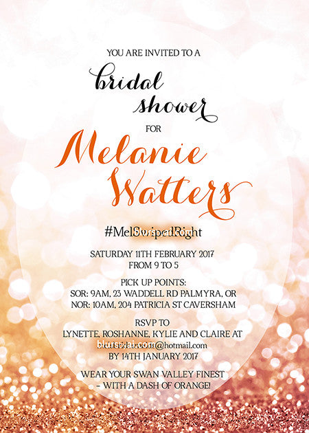 Customized printable bridal shower invitation in rose gold glitter, Olivia