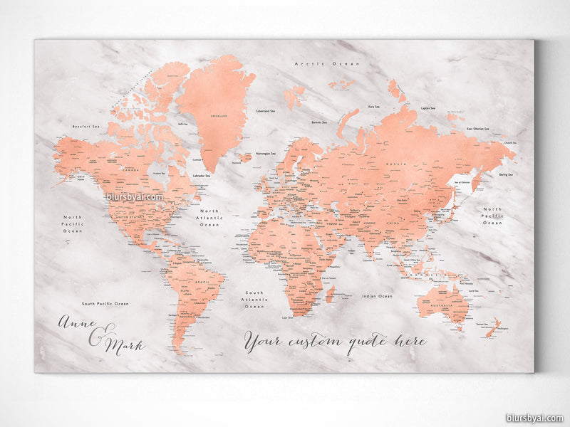 Custom world map with cities, canvas print or push pin map in rose gold and gray marble. "Janine"