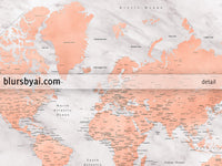 Custom map print: world map with cities in rose gold and gray marble. "Janine"