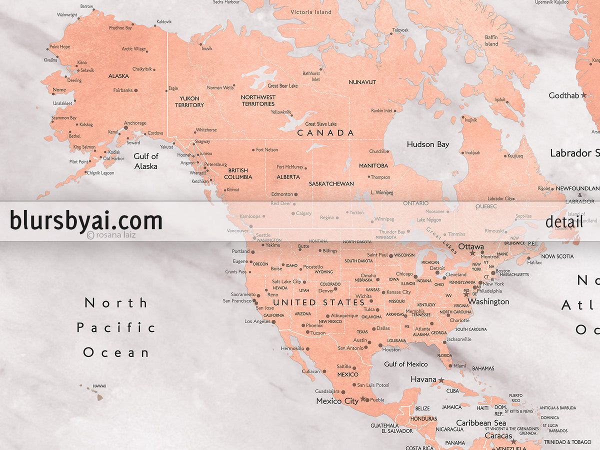 Custom map print: world map with cities in rose gold and gray marble. "Janine"