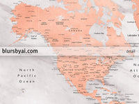 Custom map print: world map with cities in rose gold and gray marble. "Janine"