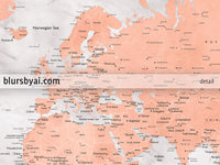 Custom map print: world map with cities in rose gold and gray marble. "Janine"