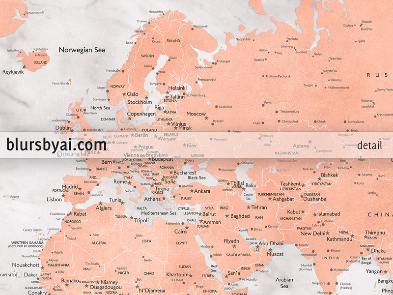 Custom world map with cities, canvas print or push pin map in rose gold and gray marble. "Janine"