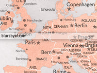 Custom map print: world map with cities in rose gold and gray marble. "Janine"