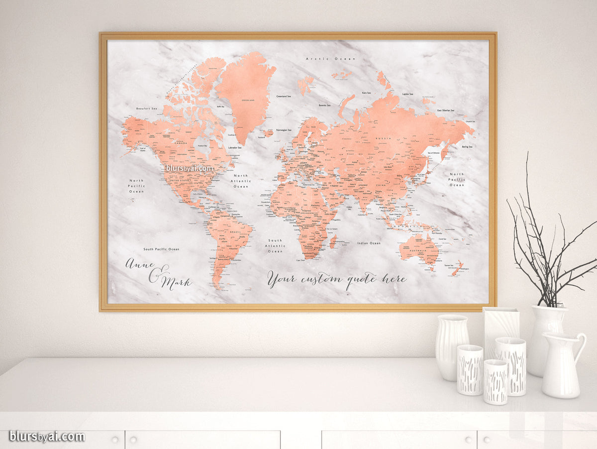 Custom map print: world map with cities in rose gold and gray marble. "Janine"