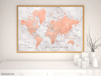 Custom map print: world map with cities in rose gold and gray marble. "Janine"