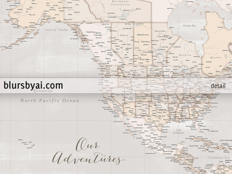 Custom map of North America, canvas print or push pin map in rustic style. "Lucille"